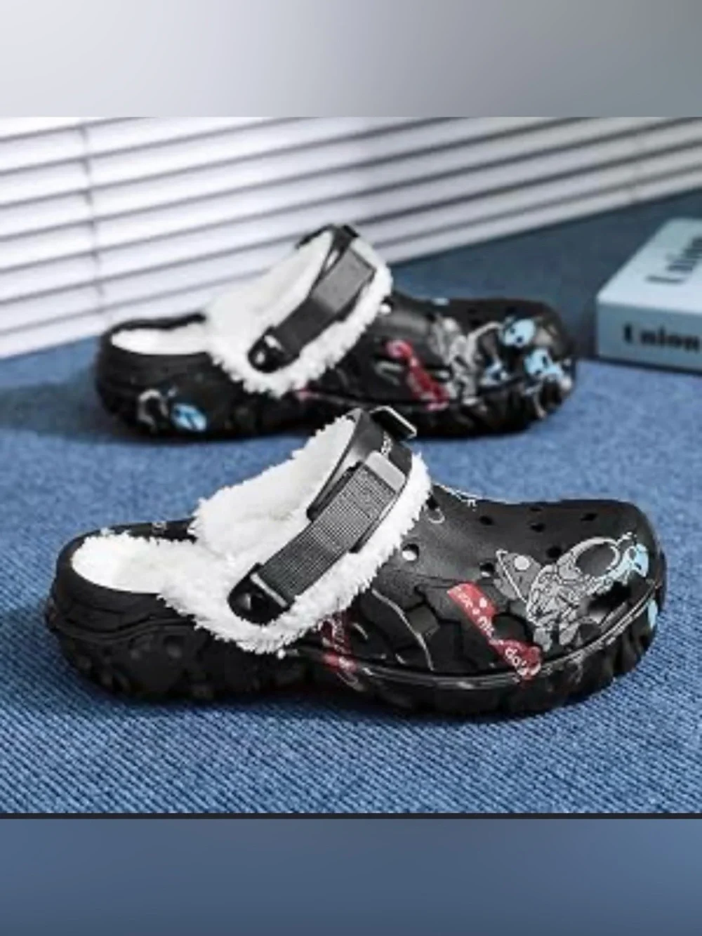 Adult Black Fleece-Lined Clog Shoes w Alien/ astronaut print